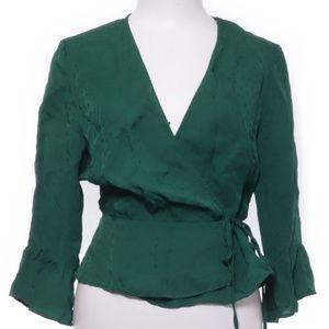 NWT H&M Surplice Crossover Wrap Tie Blouse Green Viscose Top Size:6